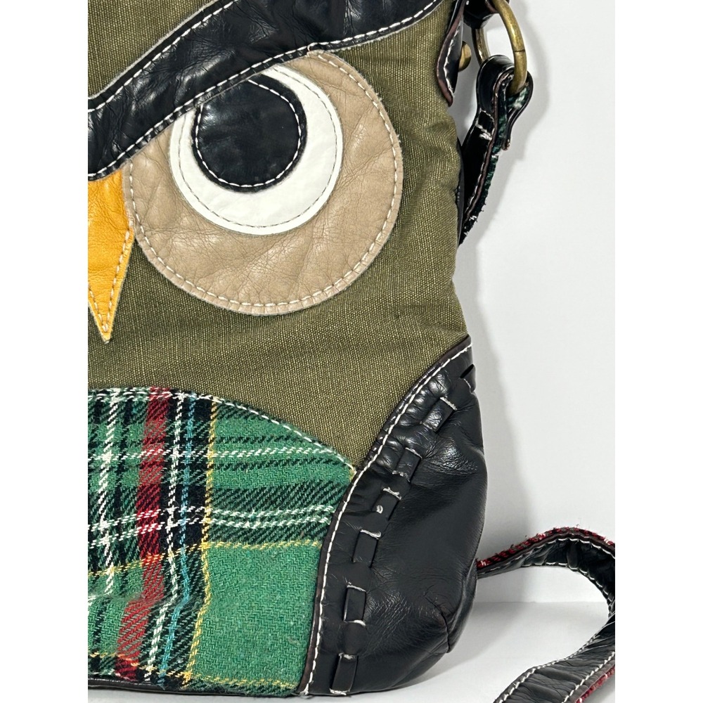 Owl Canvas Plaid Mixed Media Crossbody Bag‎ Olive Green Black Small Messenger - Picture 3 of 7